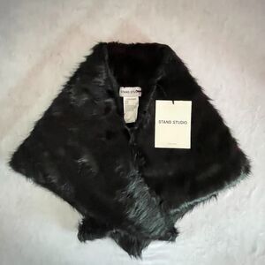 STAND STUDIO Clover Scarf Black Faux Fur Pony Hair Stole 23"x52" Womens OS NEW!